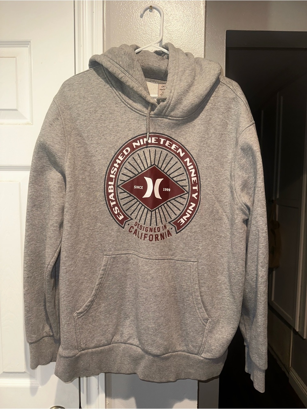 Hurley Gray Hoodie with Maroon Chest Emblem